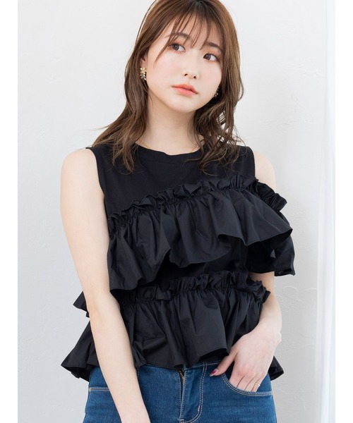 DURAS(デュラス)の「2WAYボリュームフリルトップ(Tシャツ/カットソー・レディース・ホワイト/ブラック・FREE)」の2枚目の写真