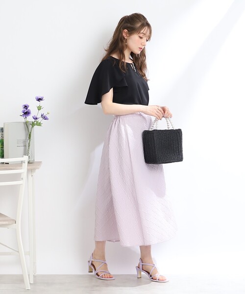 couture brooch（クチュールブローチ）の「◆【S-LL/着心地ラクチン、きれい見え】ぽこぽこジャカードフレアスカート（スカート・レディース・ライトパープル/ブラック/ブラウン系その他・36/38/40/42）」の5枚目の写真