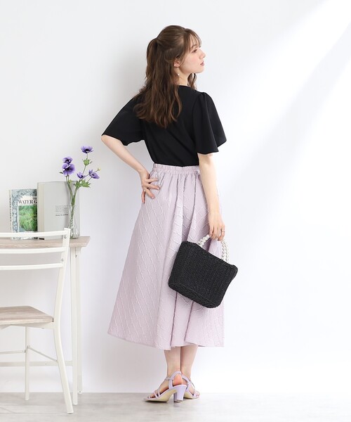 couture brooch（クチュールブローチ）の「◆【S-LL/着心地ラクチン、きれい見え】ぽこぽこジャカードフレアスカート（スカート・レディース・ライトパープル/ブラック/ブラウン系その他・36/38/40/42）」の6枚目の写真