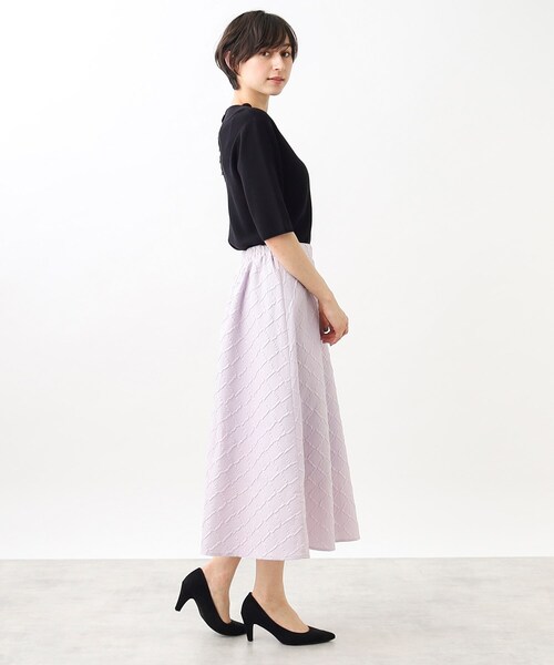 couture brooch（クチュールブローチ）の「◆【S-LL/着心地ラクチン、きれい見え】ぽこぽこジャカードフレアスカート（スカート・レディース・ライトパープル/ブラック/ブラウン系その他・36/38/40/42）」の11枚目の写真