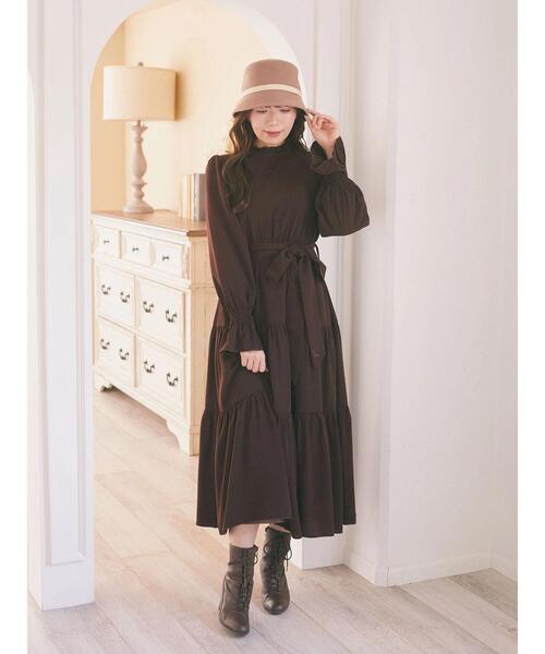 Areeam（アリーム）の「リボン付きティアードワンピース（ワンピース・レディース・ダークブラウン/グリーン系その他/ライトイエロー・FREE）」の4枚目の写真