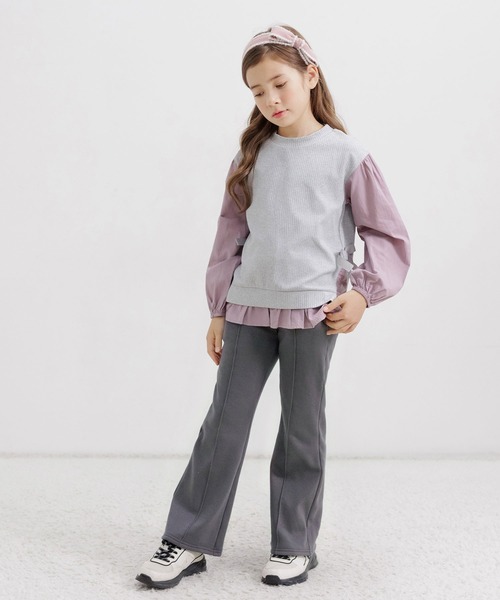 Bee des Bee(ビーデスビー)の「裏起毛 センタータック入りフレアパンツ(スウェットパンツ・キッズ・ブラック/パープル系/グレイッシュベージュ/チャコール/杢グレー・110cm/130cm/140cm/150cm/120cm/100cm)」の18枚目の写真