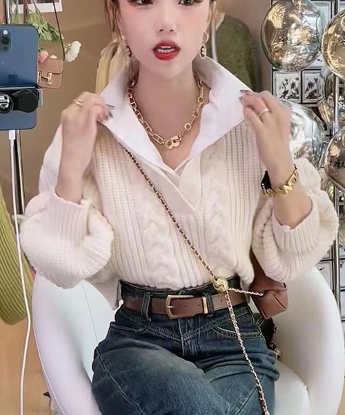 gossip!ロサンゼルス(ゴシップロサンゼルス)の「ワイシャツ襟 ニット(ニット/セーター・レディース・オフホワイト/ブラック・FREE)」の4枚目の写真
