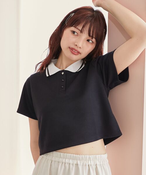 MAJESTIC LEGON（マジェスティックレゴン）の「ラインカラークロップドポロシャツ（ポロシャツ・レディース・ピンク/オフホワイト/ブラック・MEDIUM）」の11枚目の写真