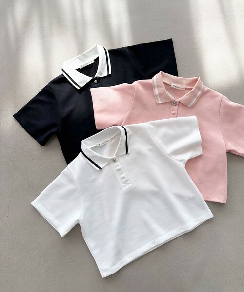 MAJESTIC LEGON（マジェスティックレゴン）の「ラインカラークロップドポロシャツ（ポロシャツ・レディース・ピンク/オフホワイト/ブラック・MEDIUM）」の5枚目の写真