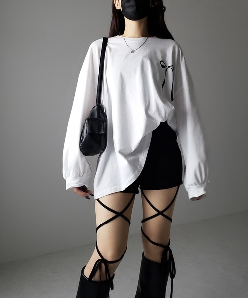 me+em select（ミームセレクト）の「【 セルフカット調節可能 】クロスストラップリボンバイカーレギンスパンツ  ／ cross strap ribbon biker leggings pants（その他パンツ・レディース・ブラック/アイボリー・FREE）」の17枚目の写真