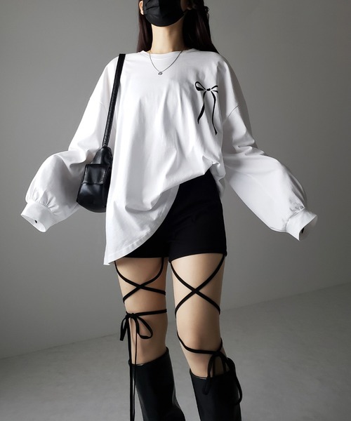 me+em select（ミームセレクト）の「【 セルフカット調節可能 】クロスストラップリボンバイカーレギンスパンツ  ／ cross strap ribbon biker leggings pants（その他パンツ・レディース・ブラック/アイボリー・FREE）」の18枚目の写真