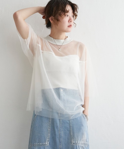 tシャツ ボタン付きチュールTシャツ レディース 楽天市場】Tシャツ レディース 春 夏 長袖トップス チュール袖