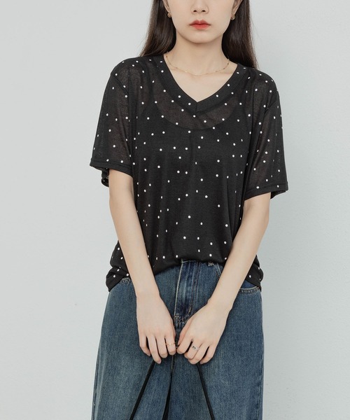 MAISON DE THERESE(メゾン ド テレーズ)の「ドットVネック半袖Tシャツ(Tシャツ/カットソー・レディース・グレー/ベージュ/ブラック・FREE)」の19枚目の写真