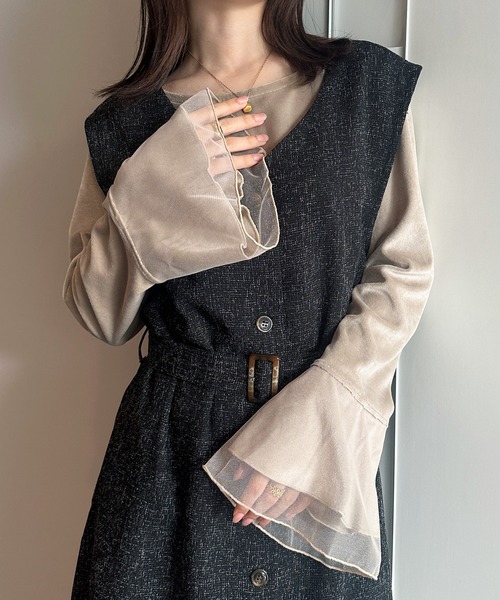 RANAN(ラナン)の「フレア袖チュールベロアプルオーバー(Tシャツ/カットソー・レディース・ブラック/ピンク/グレー/ライトベージュ/オフホワイト・LL/M/L)」の4枚目の写真