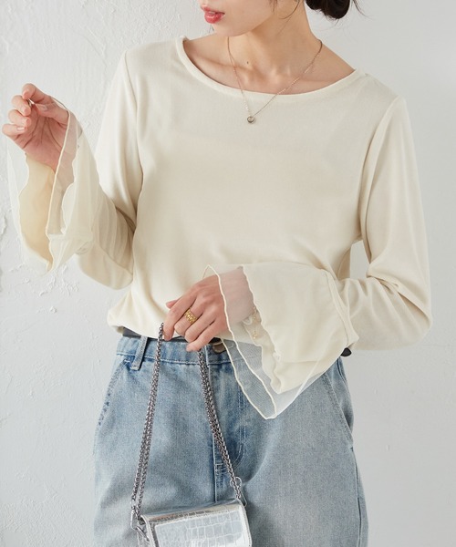 RANAN(ラナン)の「フレア袖チュールベロアプルオーバー(Tシャツ/カットソー・レディース・ブラック/ピンク/グレー/ライトベージュ/オフホワイト・LL/M/L)」の12枚目の写真