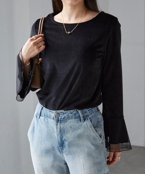 RANAN(ラナン)の「フレア袖チュールベロアプルオーバー(Tシャツ/カットソー・レディース・ブラック/ピンク/グレー/ライトベージュ/オフホワイト・LL/M/L)」の14枚目の写真