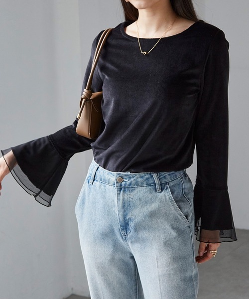 RANAN(ラナン)の「フレア袖チュールベロアプルオーバー(Tシャツ/カットソー・レディース・ブラック/ピンク/グレー/ライトベージュ/オフホワイト・LL/M/L)」の16枚目の写真