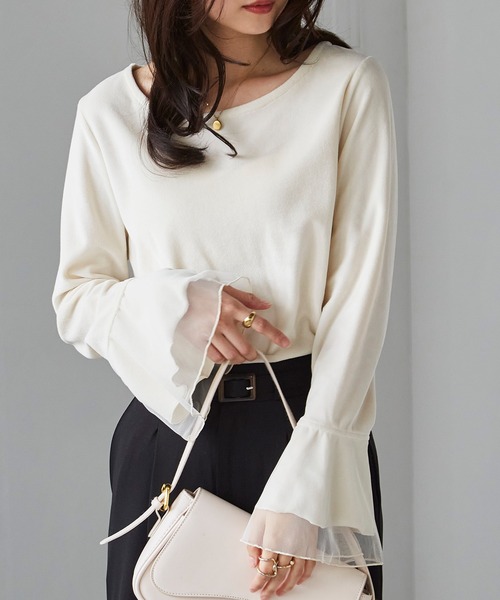 RANAN(ラナン)の「フレア袖チュールベロアプルオーバー(Tシャツ/カットソー・レディース・ブラック/ピンク/グレー/ライトベージュ/オフホワイト・LL/M/L)」の7枚目の写真