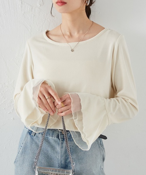 RANAN(ラナン)の「フレア袖チュールベロアプルオーバー(Tシャツ/カットソー・レディース・ブラック/ピンク/グレー/ライトベージュ/オフホワイト・LL/M/L)」の11枚目の写真