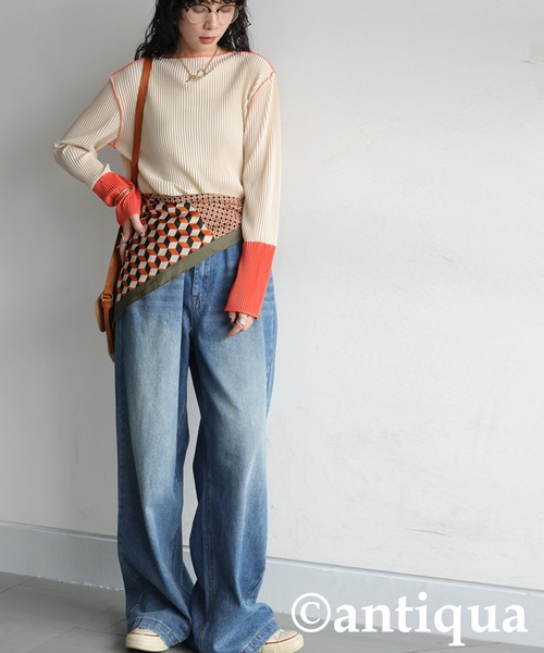 antiqua(アンティカ)の「配色プリーツトップス(Tシャツ/カットソー・レディース・アイボリー/ブラック/ダークグレー/ベージュ・ONESIZE)」の15枚目の写真