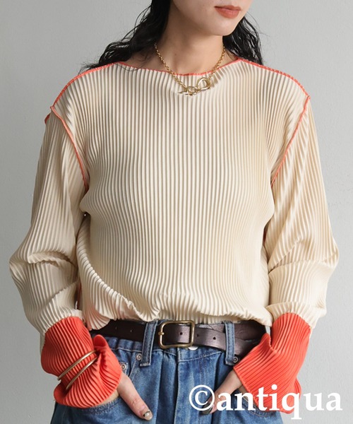 antiqua(アンティカ)の「配色プリーツトップス(Tシャツ/カットソー・レディース・アイボリー/ブラック/ダークグレー/ベージュ・ONESIZE)」の14枚目の写真