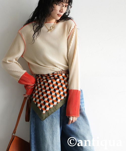 antiqua(アンティカ)の「配色プリーツトップス(Tシャツ/カットソー・レディース・アイボリー/ブラック/ダークグレー/ベージュ・ONESIZE)」の13枚目の写真