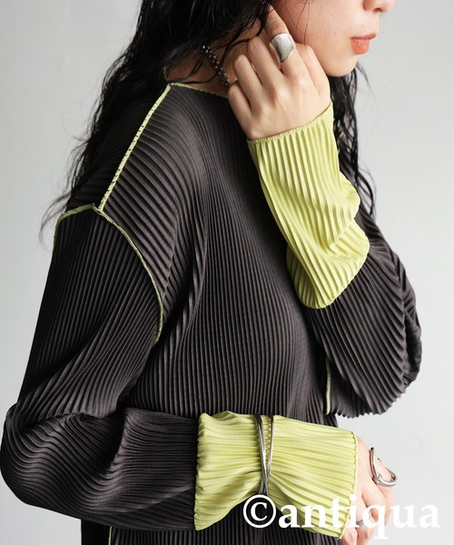 antiqua(アンティカ)の「配色プリーツトップス(Tシャツ/カットソー・レディース・アイボリー/ブラック/ダークグレー/ベージュ・ONESIZE)」の20枚目の写真