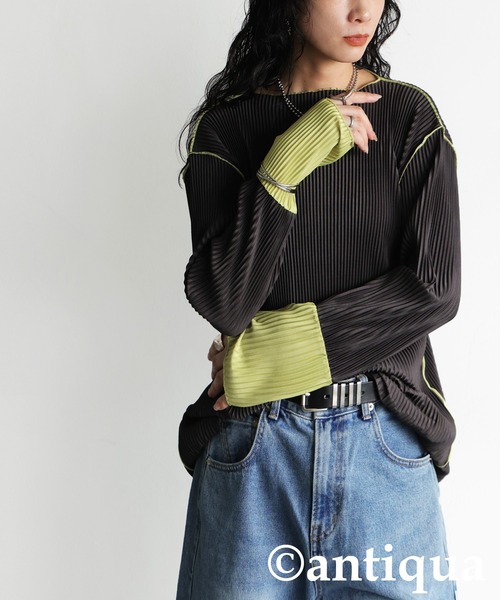 antiqua(アンティカ)の「配色プリーツトップス(Tシャツ/カットソー・レディース・アイボリー/ブラック/ダークグレー/ベージュ・ONESIZE)」の16枚目の写真