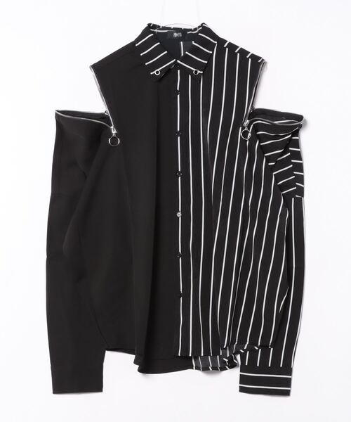 PSYNYXX(プシュニクス)の「PSYNYXX チェーンZIPストライプシャツ(シャツ/ブラウス・メンズ・ブラック系・FREE)」の2枚目の写真