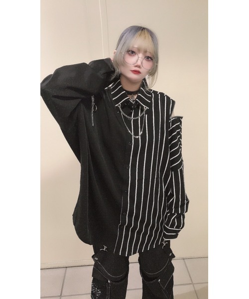 PSYNYXX(プシュニクス)の「PSYNYXX チェーンZIPストライプシャツ(シャツ/ブラウス・メンズ・ブラック系・FREE)」の6枚目の写真