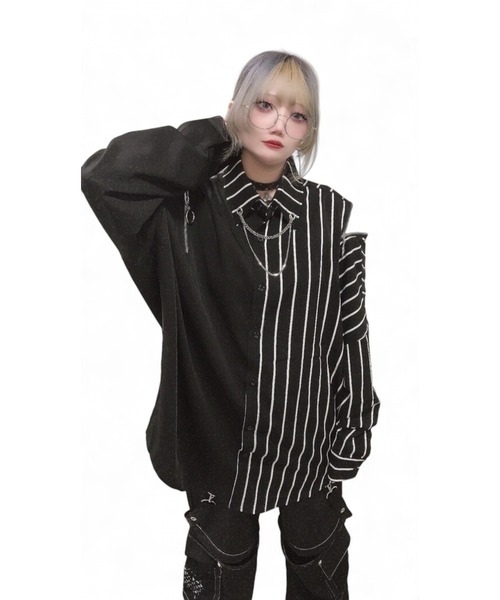 PSYNYXX(プシュニクス)の「PSYNYXX チェーンZIPストライプシャツ(シャツ/ブラウス・メンズ・ブラック系・FREE)」の5枚目の写真