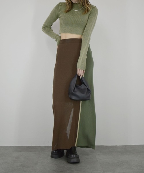 【ZOZO限定】配色ニットスカート／ ロング丈 タイト Iライン シンプル きれいめ レディライク 大人カジュアル オフィスカジュアル バイカラー 切り替えデザイン ベージュ グリーン ライム ブラウン（スカート）｜Reurie'（レウリィ）