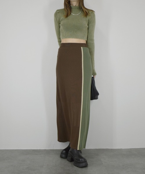 【ZOZO限定】配色ニットスカート／ ロング丈 タイト Iライン シンプル きれいめ レディライク 大人カジュアル オフィスカジュアル バイカラー 切り替えデザイン ベージュ グリーン ライム ブラウン（スカート）｜Reurie'（レウリィ）
