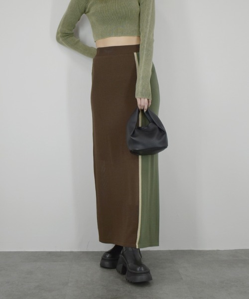 【ZOZO限定】配色ニットスカート／ ロング丈 タイト Iライン シンプル きれいめ レディライク 大人カジュアル オフィスカジュアル バイカラー 切り替えデザイン ベージュ グリーン ライム ブラウン（スカート）｜Reurie'（レウリィ）