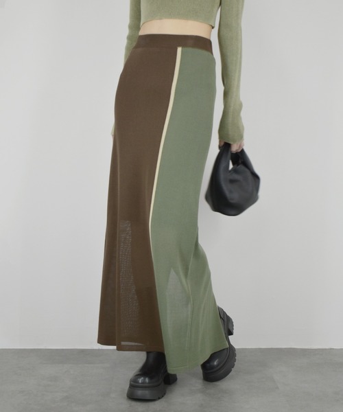 【ZOZO限定】配色ニットスカート／ ロング丈 タイト Iライン シンプル きれいめ レディライク 大人カジュアル オフィスカジュアル バイカラー 切り替えデザイン ベージュ グリーン ライム ブラウン（スカート）｜Reurie'（レウリィ）