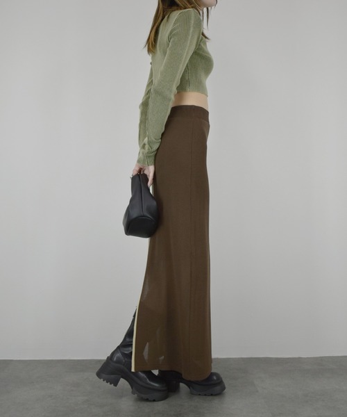 【ZOZO限定】配色ニットスカート／ ロング丈 タイト Iライン シンプル きれいめ レディライク 大人カジュアル オフィスカジュアル バイカラー 切り替えデザイン ベージュ グリーン ライム ブラウン（スカート）｜Reurie'（レウリィ）