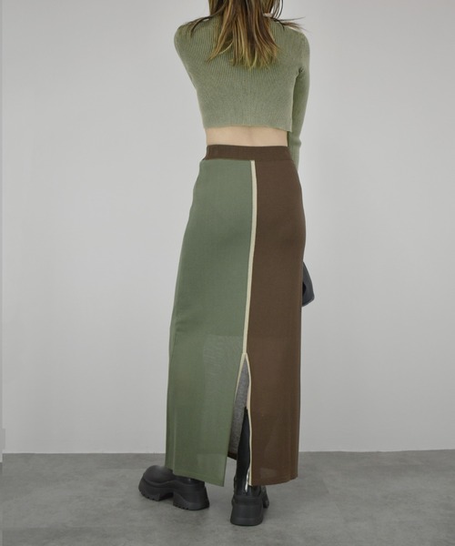 【ZOZO限定】配色ニットスカート／ ロング丈 タイト Iライン シンプル きれいめ レディライク 大人カジュアル オフィスカジュアル バイカラー 切り替えデザイン ベージュ グリーン ライム ブラウン（スカート）｜Reurie'（レウリィ）