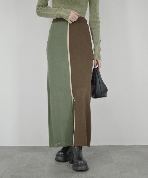 【ZOZO限定】配色ニットスカート／ ロング丈 タイト Iライン シンプル きれいめ レディライク 大人カジュアル オフィスカジュアル バイカラー 切り替えデザイン ベージュ グリーン ライム ブラウン（スカート）｜Reurie'（レウリィ）