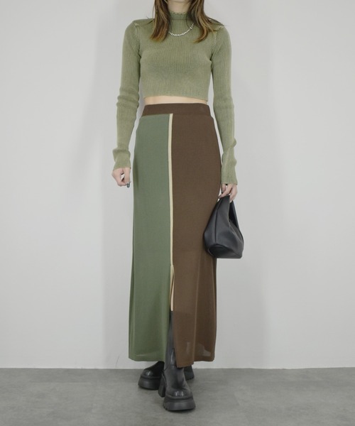 【ZOZO限定】配色ニットスカート／ ロング丈 タイト Iライン シンプル きれいめ レディライク 大人カジュアル オフィスカジュアル バイカラー 切り替えデザイン ベージュ グリーン ライム ブラウン（スカート）｜Reurie'（レウリィ）