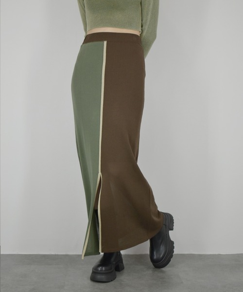 【ZOZO限定】配色ニットスカート／ ロング丈 タイト Iライン シンプル きれいめ レディライク 大人カジュアル オフィスカジュアル バイカラー 切り替えデザイン ベージュ グリーン ライム ブラウン（スカート）｜Reurie'（レウリィ）