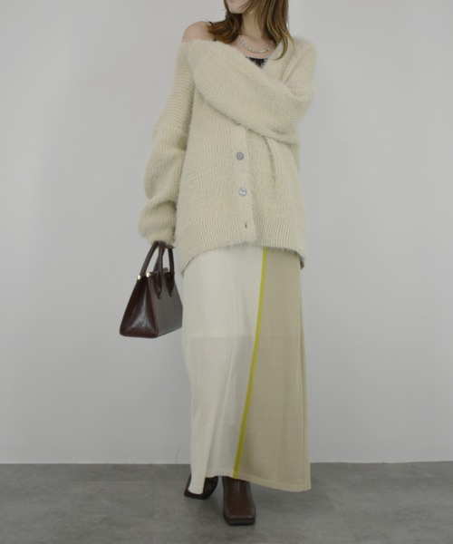 【ZOZO限定】配色ニットスカート／ ロング丈 タイト Iライン シンプル きれいめ レディライク 大人カジュアル オフィスカジュアル バイカラー 切り替えデザイン ベージュ グリーン ライム ブラウン（スカート）｜Reurie'（レウリィ）