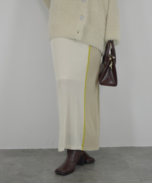 【ZOZO限定】配色ニットスカート／ ロング丈 タイト Iライン シンプル きれいめ レディライク 大人カジュアル オフィスカジュアル バイカラー 切り替えデザイン ベージュ グリーン ライム ブラウン（スカート）｜Reurie'（レウリィ）