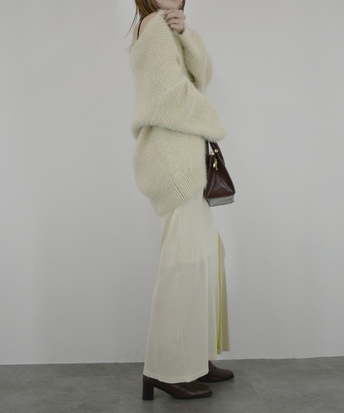 【ZOZO限定】配色ニットスカート／ ロング丈 タイト Iライン シンプル きれいめ レディライク 大人カジュアル オフィスカジュアル バイカラー 切り替えデザイン ベージュ グリーン ライム ブラウン（スカート）｜Reurie'（レウリィ）