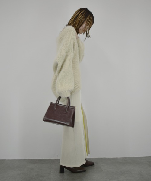 【ZOZO限定】配色ニットスカート／ ロング丈 タイト Iライン シンプル きれいめ レディライク 大人カジュアル オフィスカジュアル バイカラー 切り替えデザイン ベージュ グリーン ライム ブラウン（スカート）｜Reurie'（レウリィ）