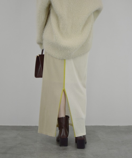 【ZOZO限定】配色ニットスカート／ ロング丈 タイト Iライン シンプル きれいめ レディライク 大人カジュアル オフィスカジュアル バイカラー 切り替えデザイン ベージュ グリーン ライム ブラウン（スカート）｜Reurie'（レウリィ）