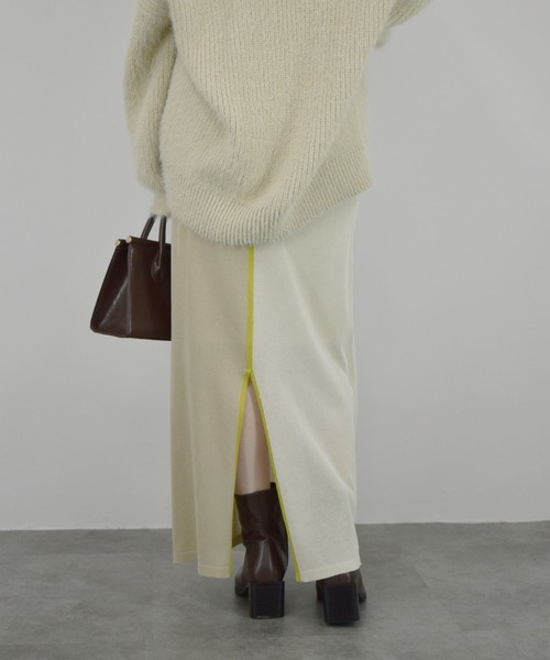 【ZOZO限定】配色ニットスカート／ ロング丈 タイト Iライン シンプル きれいめ レディライク 大人カジュアル オフィスカジュアル バイカラー 切り替えデザイン ベージュ グリーン ライム ブラウン（スカート）｜Reurie'（レウリィ）