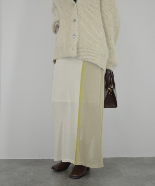 【ZOZO限定】配色ニットスカート／ ロング丈 タイト Iライン シンプル きれいめ レディライク 大人カジュアル オフィスカジュアル バイカラー 切り替えデザイン ベージュ グリーン ライム ブラウン（スカート）｜Reurie'（レウリィ）