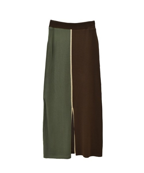 【ZOZO限定】配色ニットスカート／ ロング丈 タイト Iライン シンプル きれいめ レディライク 大人カジュアル オフィスカジュアル バイカラー 切り替えデザイン ベージュ グリーン ライム ブラウン（スカート）｜Reurie'（レウリィ）