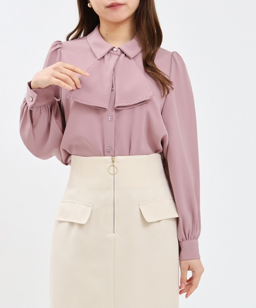 美人百花掲載】とろみ素材 フリルボウタイブラウス（シャツ/ブラウス