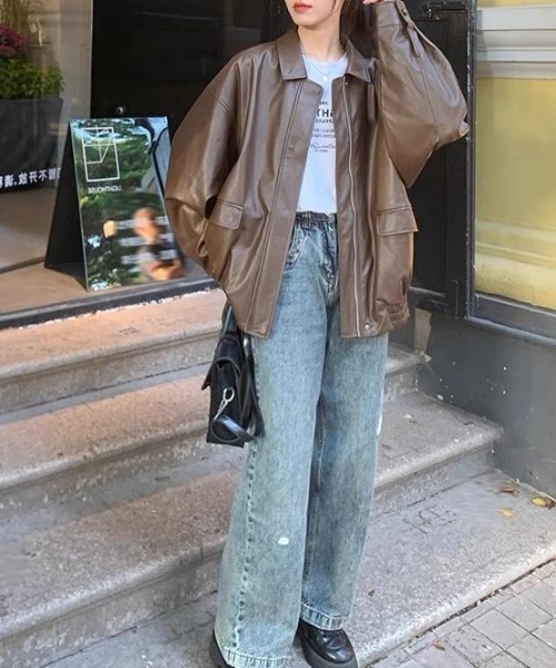 efill（エフィル）の「レザー風　ブルゾン（ブルゾン・レディース・ブラウン・L）」の2枚目の写真