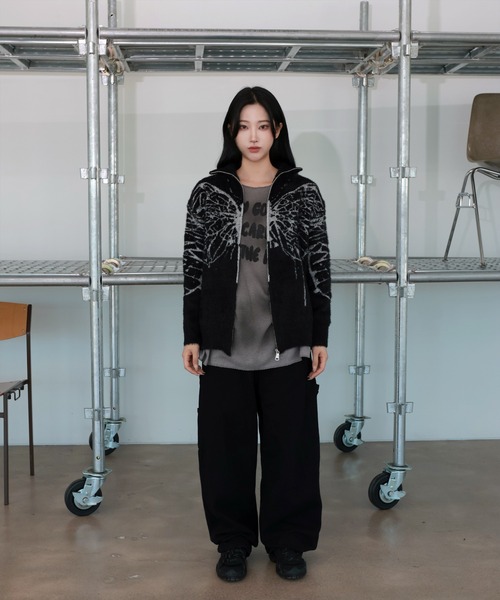 UNISEX]ビッグバタフライ・アンゴラハイネックニットジップ