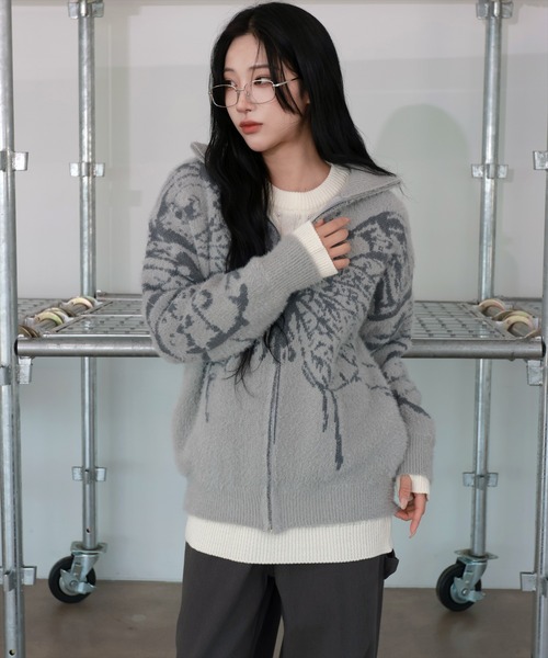 UNISEX]ビッグバタフライ・アンゴラハイネックニットジップ