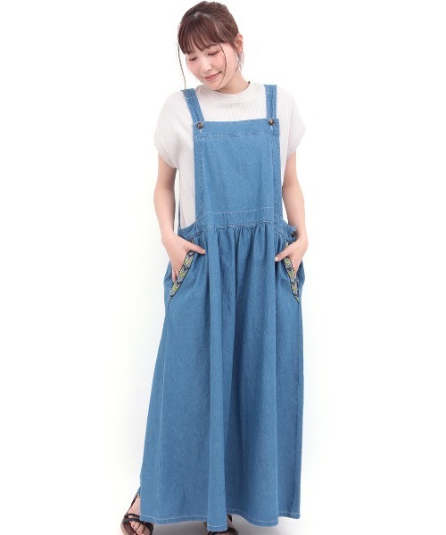 チチカカ（チチカカ）の「デニムジャンパースカート【大きいサイズ】（ジャンパースカート・レディース・ブルー/インディゴブルー・3L）」の7枚目の写真