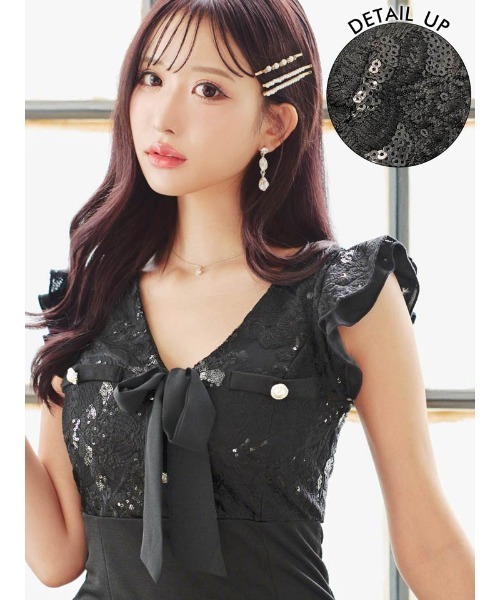 DAZZY(デイジー)の「スパンコール刺繍フロントリボンフリル袖タイトミニドレス(ドレス・レディース・ブラック/ブルー・S/M/L)」の4枚目の写真